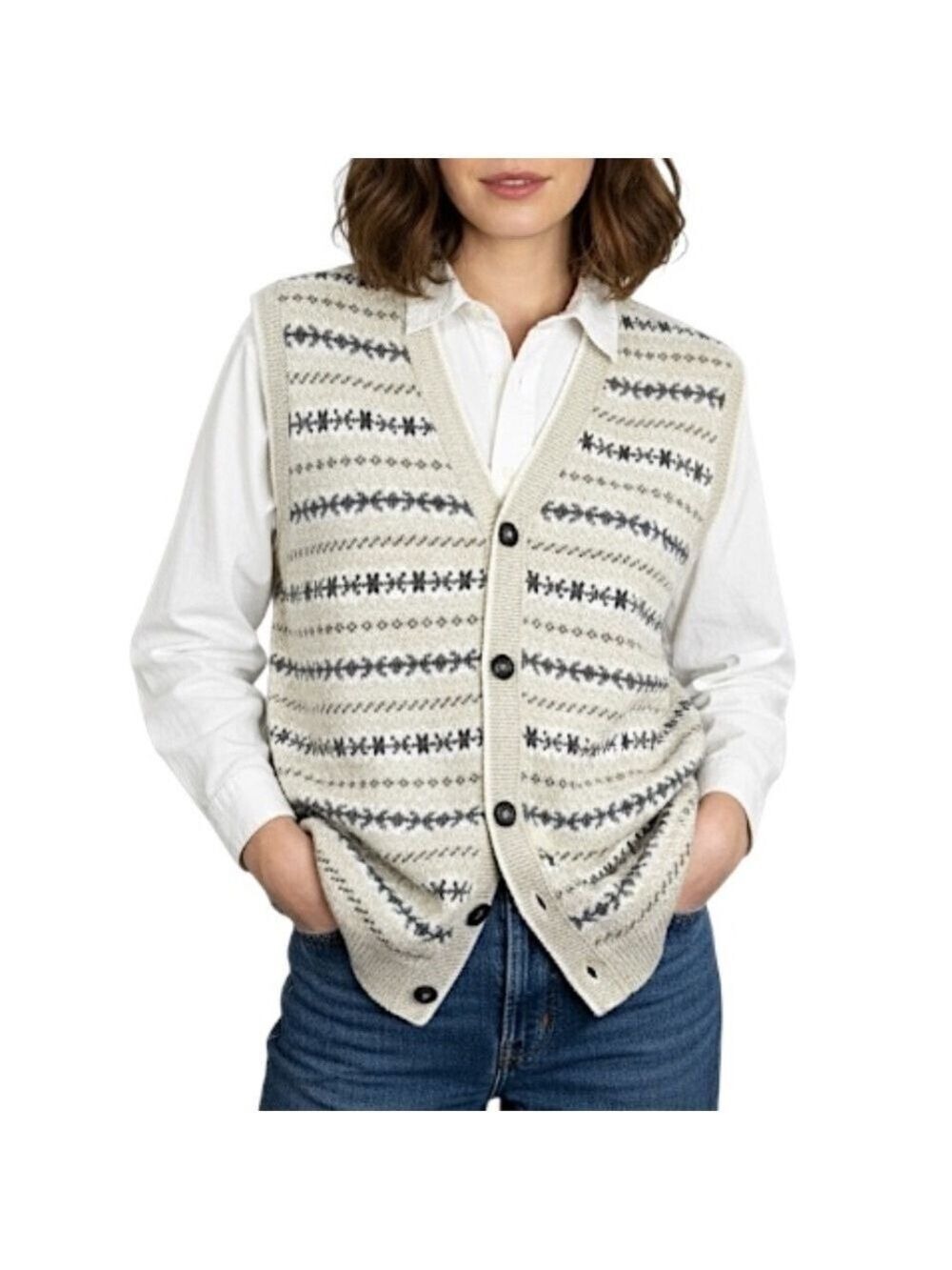 Vintage 80s 90s fair isle style beige cream cotton button front sweater vest S